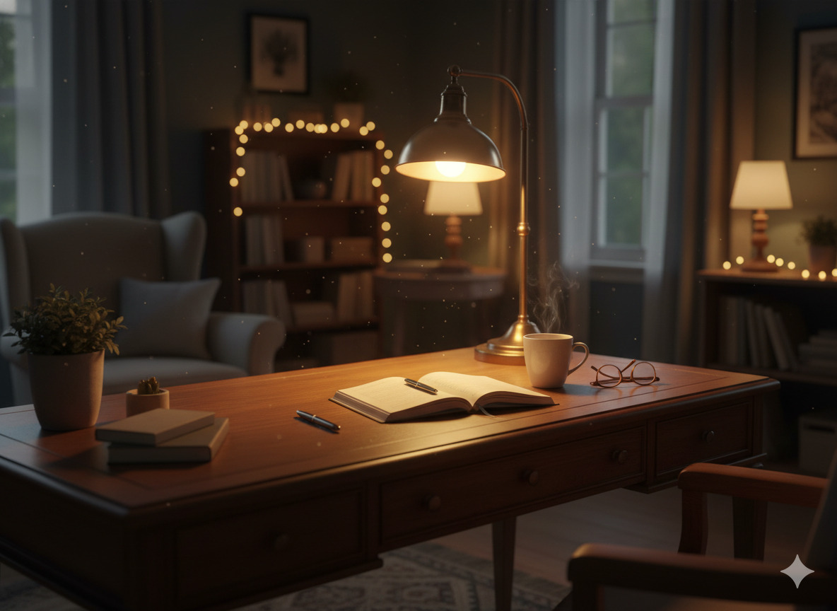 Calm evening scene with warm lighting and a notebook on a desk